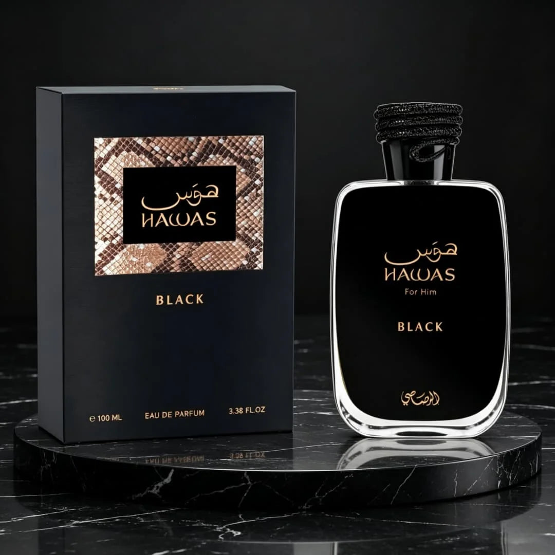 Rasasi Hawas Black EDP | Snakeskin box, bright citrus-woody notes, confident masculine vibe