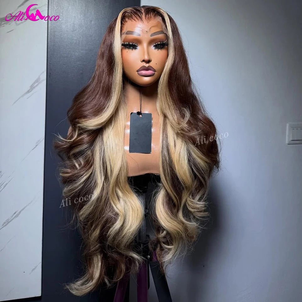 13x6 Lace Front Human Hair Highlights Blonde with Natrural Dark Brown Colored Body Wave Human Hair Transparent Lace Pre Plucked