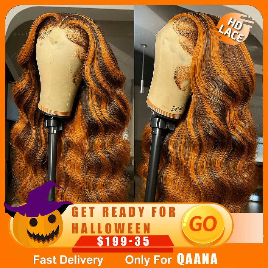 200% Ginger Brown Highlight Wig Human Hair Body Wave Pre Plucked Lace Front Wigs Ombre Ginger Orange Colored 5x5 Glueless Wigs