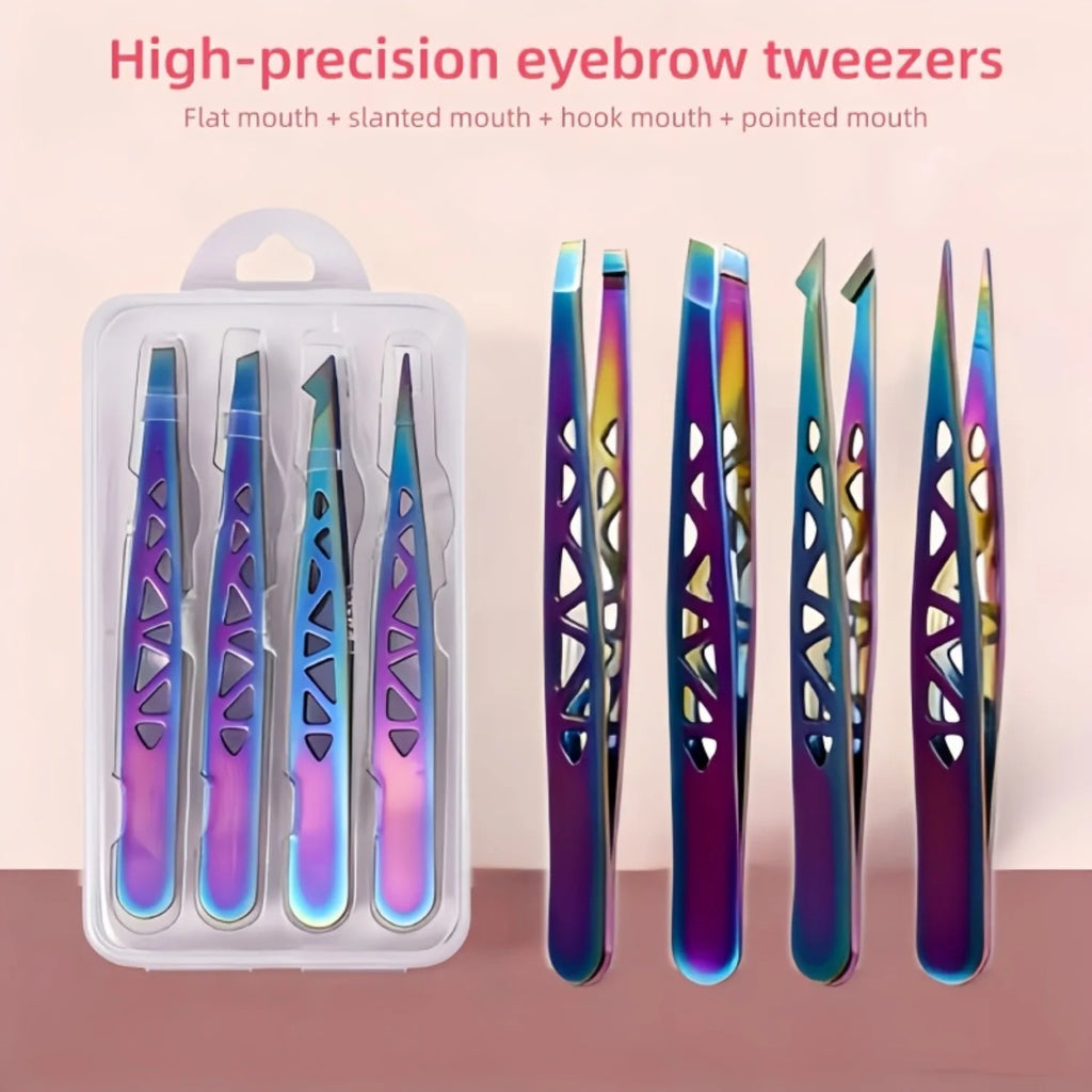 4Pcs Color Titanium Tweezers Set, High Precision Stainless Steel Hollow Tower Eyebrow & Hair Plucker