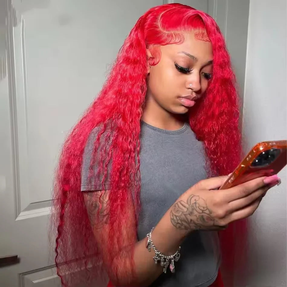 40 Inch Hot Red 13x6 Hd Lace Frontal Wig Deep Wave Wig Human Hair Brazilian Colored Water Wave Lace Front Wig 4x4 5x5 For Women