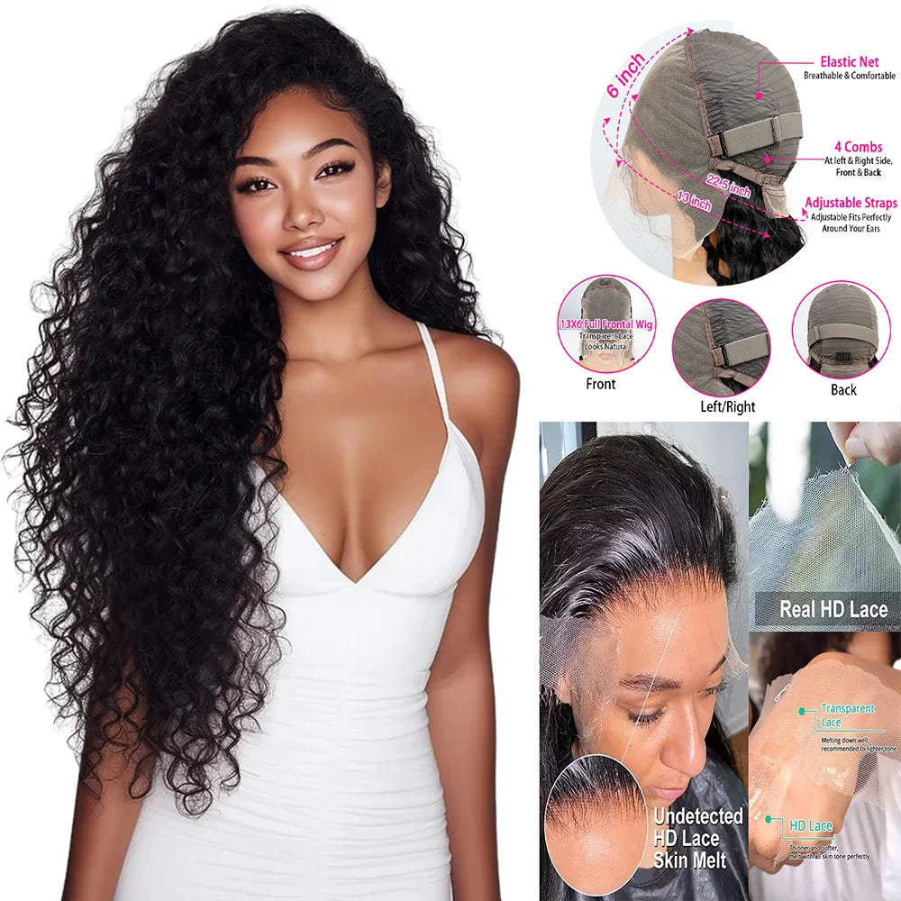 HD Transparent 220 Density 13x4 13x6 Water Deep Wave Frontal Wig 7x6 Closure Glueless Wig Ready To Wear 360 HD Lace Front Wig