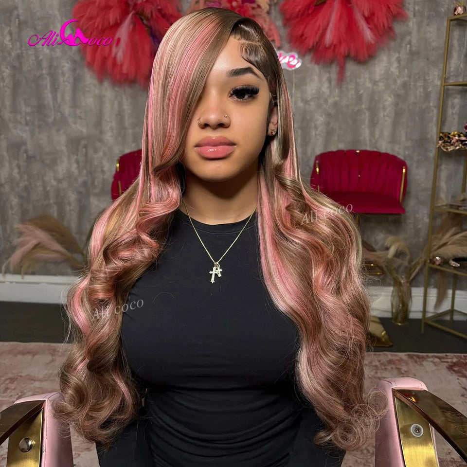 Brown and Pink Highlights 180 Density 13X6 5X5 Transparent Lace Front Human Hair Body Wave Lace Closure Wigs 13X4 Brazilian Hair