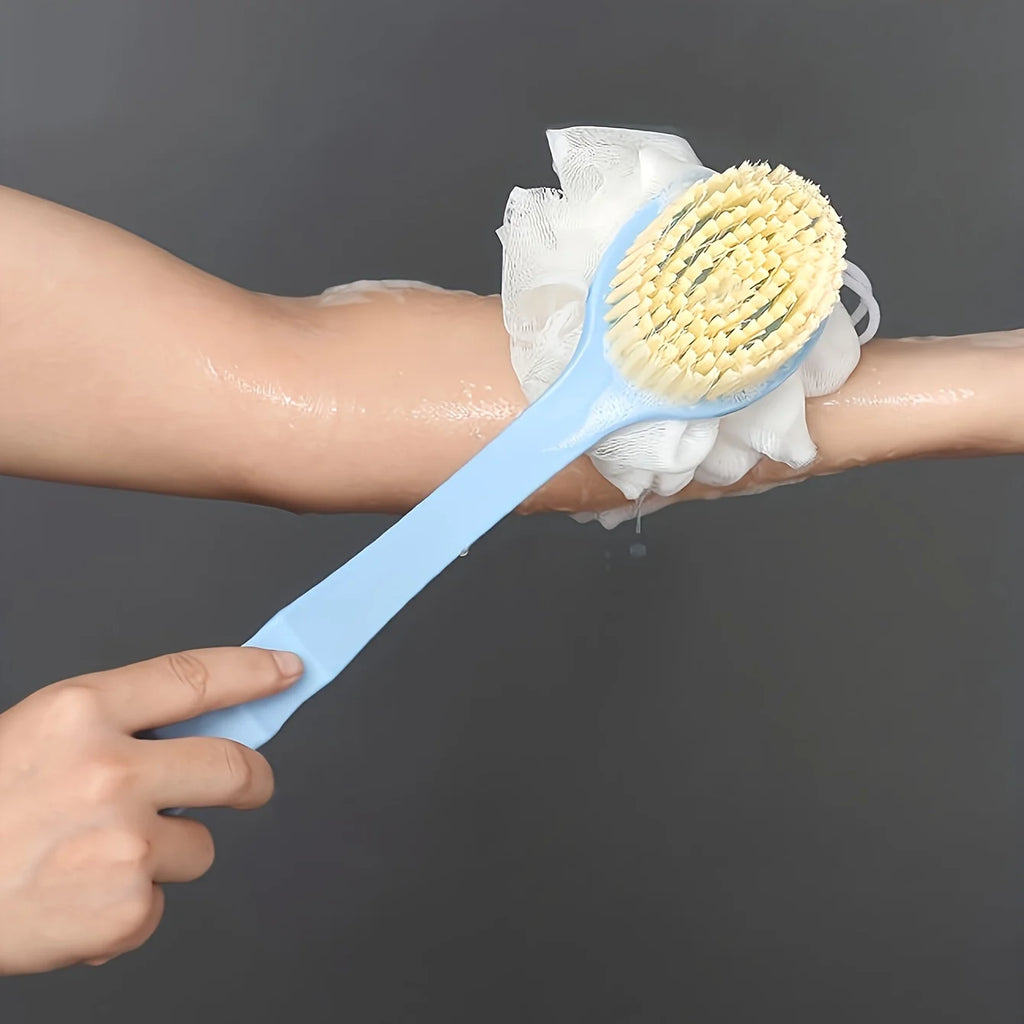 Soft Loofah And Bristles Bath Body Brush For Women And Men - Curved Long Handled Shower Brush For Body, Face, And Spa Washing
