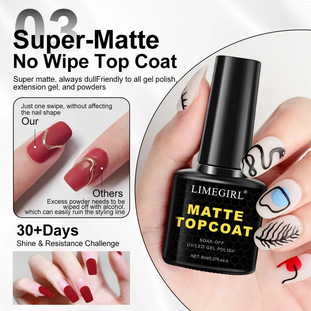 LIMEGIRL 8ml Soak Off Matte Top Base Coat for Nails UV Gel Polish Semi Permanent Functional Manicure Top Base Coat Varnish