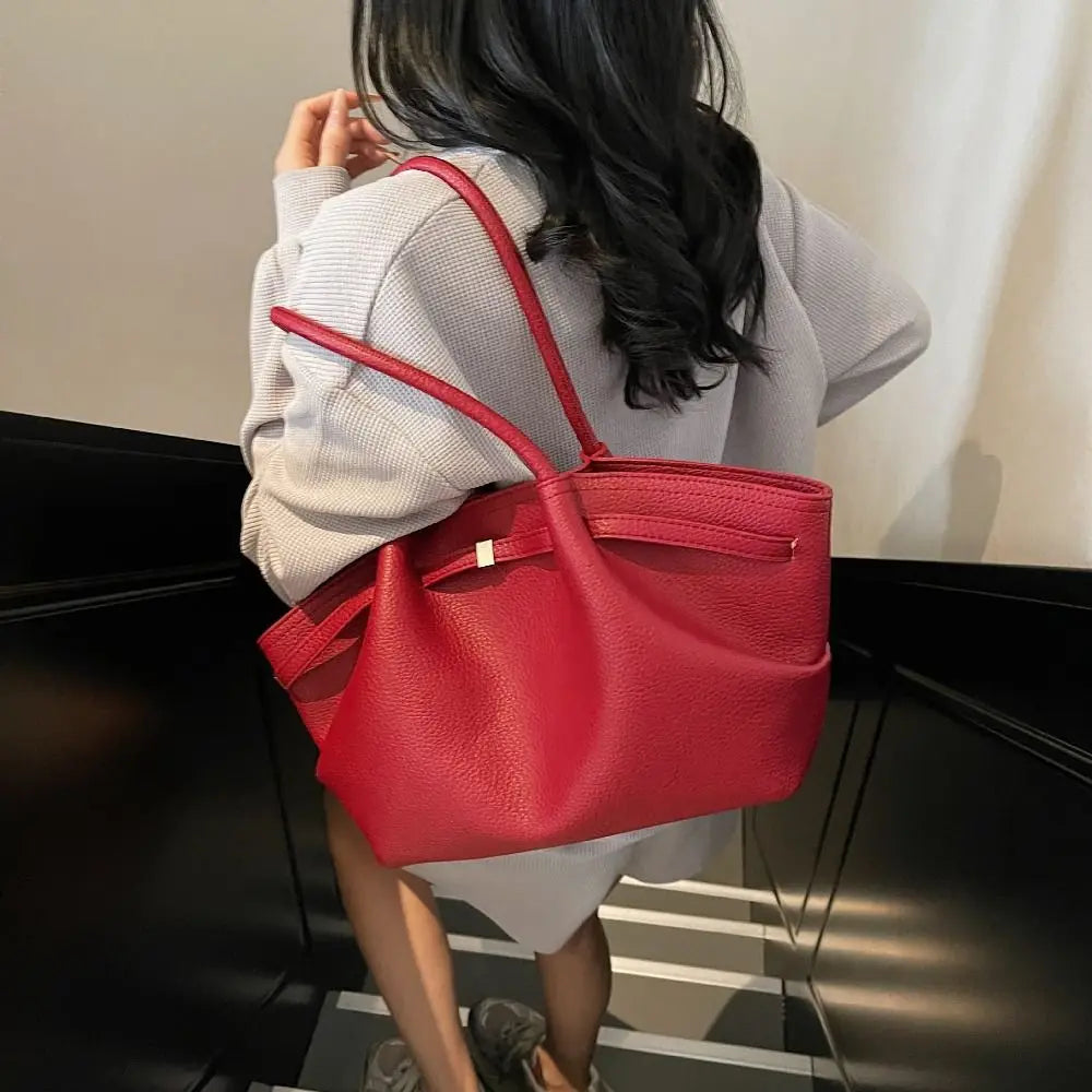 Luxury Lychee Pattern Underarm Shoulder Bags PU Leather Solid Color Women's Handbags Large Capacity Tote Bag Travel