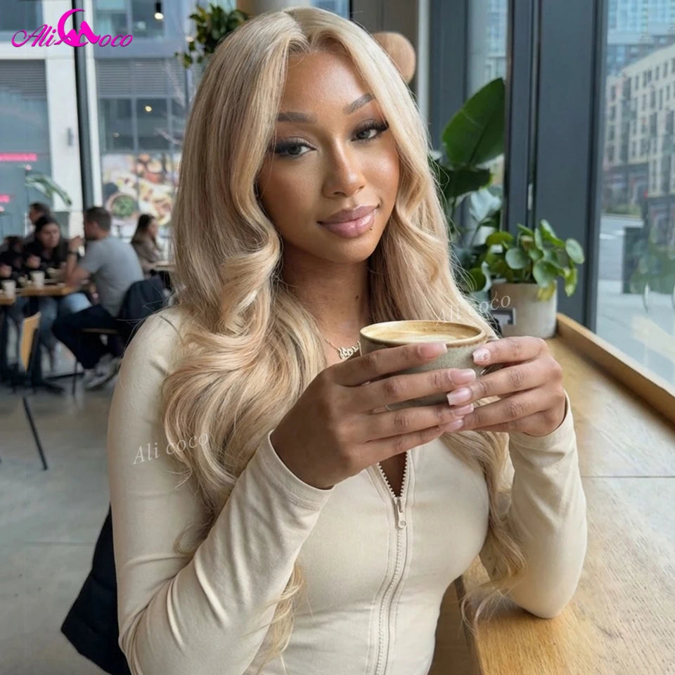 Bestselling Color Milk Tea 180 Density Body Wave Lace Front Closure Ash Blonde Pre Plucked Human Hair Wigs Brazilian Transparent