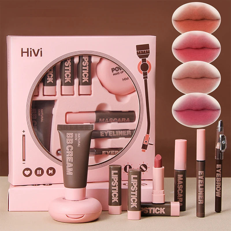 Women's Christmas makeup set, 9 lipsticks & powder press &BB cream & eyebrow pencil & mascara & eyeliner set,for women and girls
