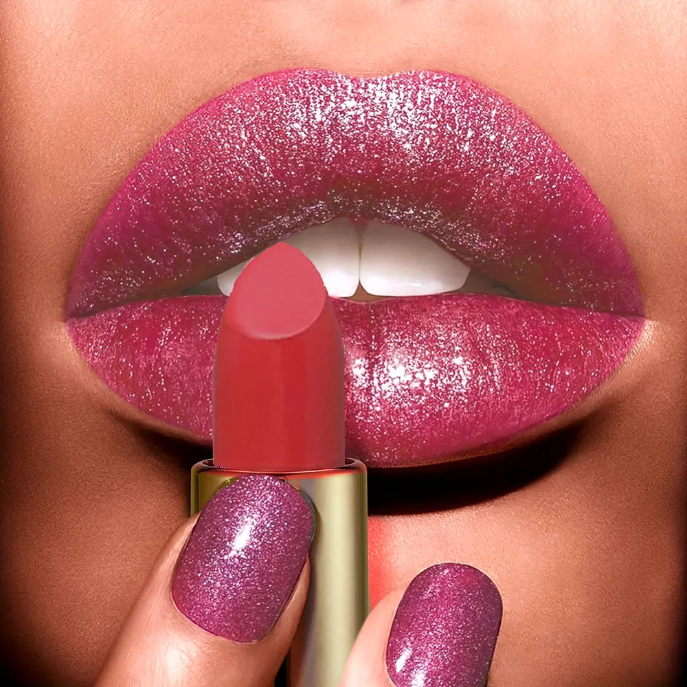 Pearlescent Pink Glitter Velvet Lipstick Metallic Waterproof Long Lasting Matte Shimmer Diamond Lipstick Women Makeup Cosmetic