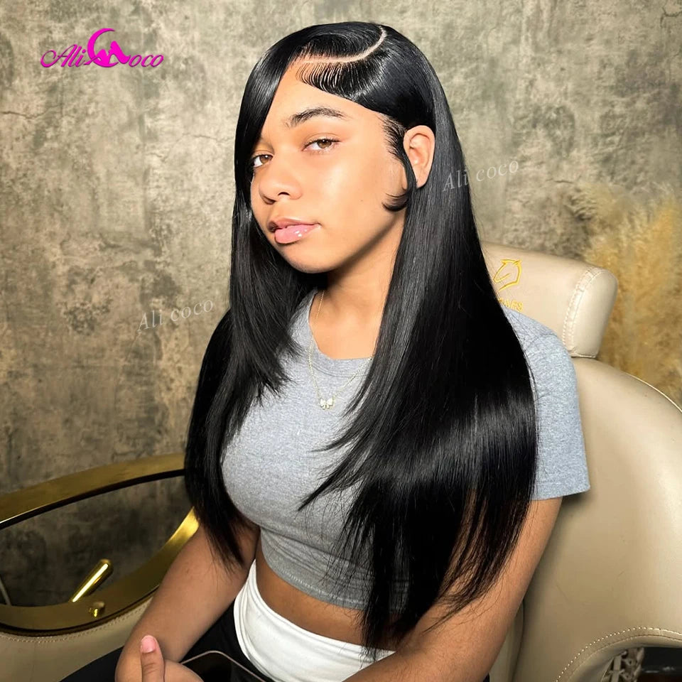 Black with Brown and Blonde Highlights Lace Closure 180Density Human Hair Straight Transparent 13X6 Lace Front Wigs Pre Plucked