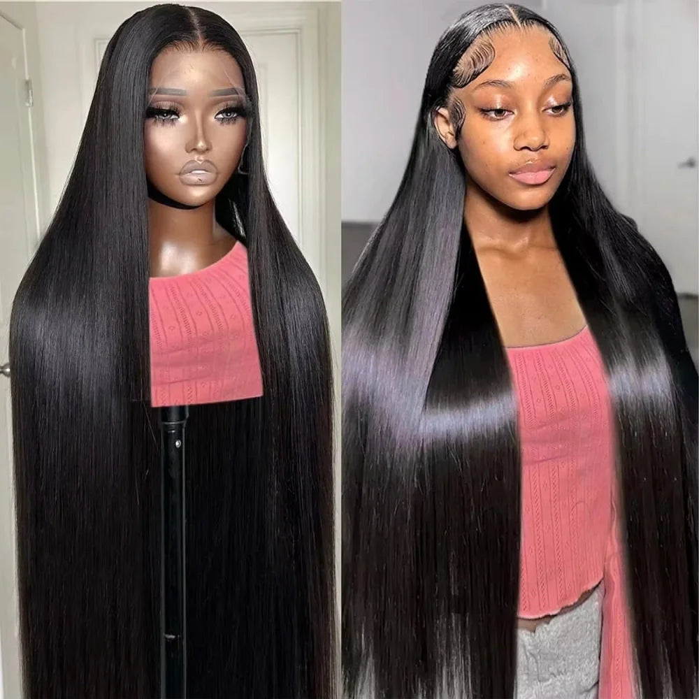 18-46Inch Natural Black Bone Straight 13x6 HD Clear Lace Frontal Wig 200 Density Pre Plucked Natural Edges Glueless Silky Smooth