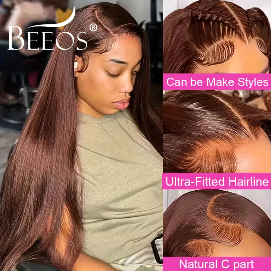 Dark Brown 13x6 Real HD Lace Frontal Human Hair Wigs Ultra Fitted Straight Invisible HD Lace Wigs Bleached Knots Deep Parting