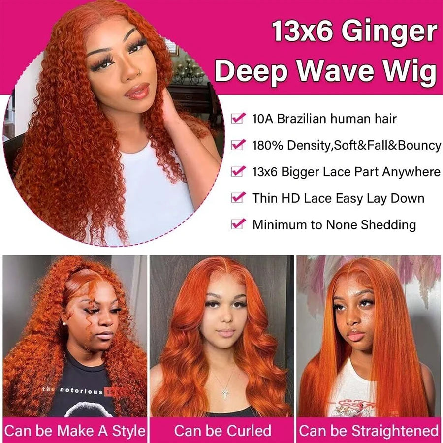 Orange Ginger 13x6 HD Lace Frontal Wig Water Wave Lace Front Wig Curly Human Hair Wigs 30 Inch Loose Deep Wave Frontal Wig
