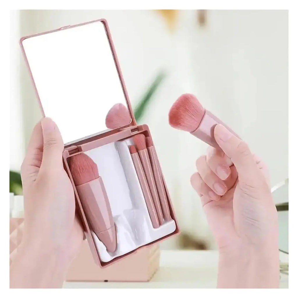 5pcs Mini Travel Size Makeup Brushes Set - Complete Function Cosmetic Brushes Kit with Storage Case And Mirror for On-the-Go App