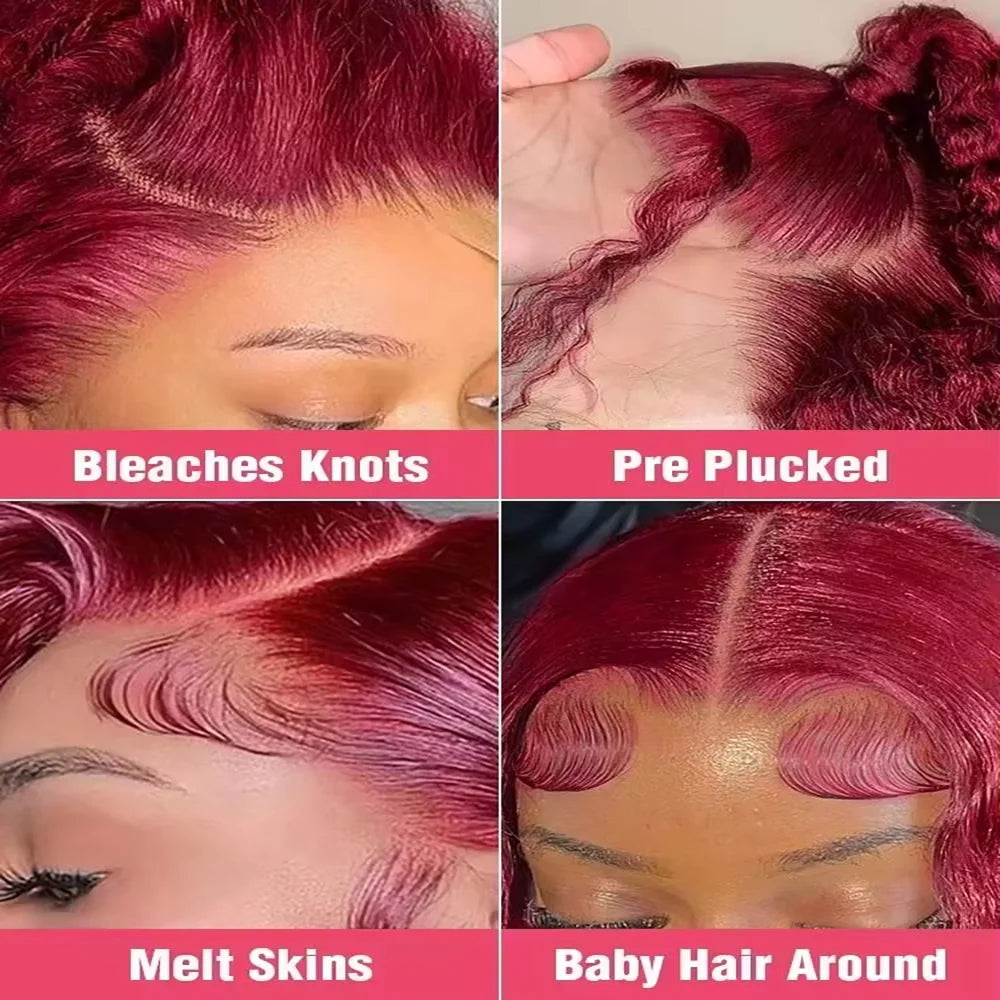 High Density Human Hair 13x4 Lace Front Wig 99j Bone Straight Burgundy 13x6 Hd Lace Frontal Wigs For Women 40 Inch Colored