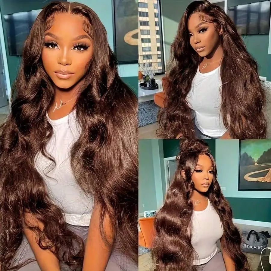 200% Density 13x4 HD Lace Front Wig Brown Brazilian Body Wave Human Hair Lace Frontal Wigs Pre-Plucked Natural Hairline