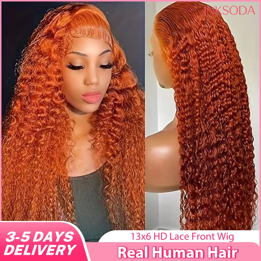 Orange Ginger 13x6 HD Lace Frontal Wig Water Wave Lace Front Wig Curly Human Hair Wigs 30 Inch Loose Deep Wave Frontal Wig