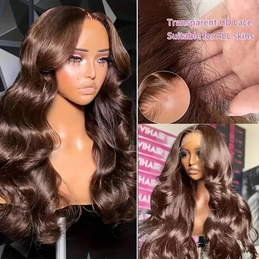 200% Density 13x4 HD Lace Front Wig Brown Brazilian Body Wave Human Hair Lace Frontal Wigs Pre-Plucked Natural Hairline