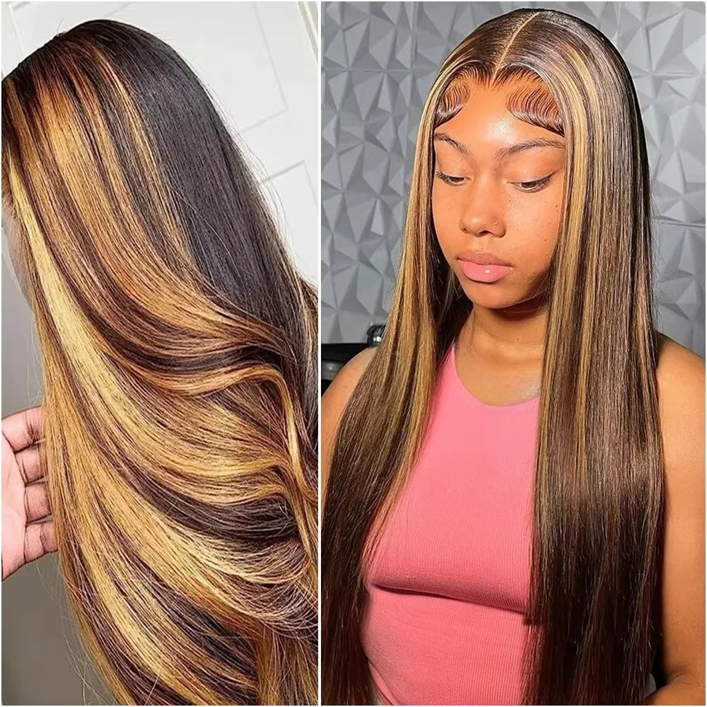 Highlight Wigs Straight 13X6 Hd Lace Frontal Wig Human Hair 220 Density 38 Inch P4/27 Ombre Pre Plucked Brazilian Hair Wigs