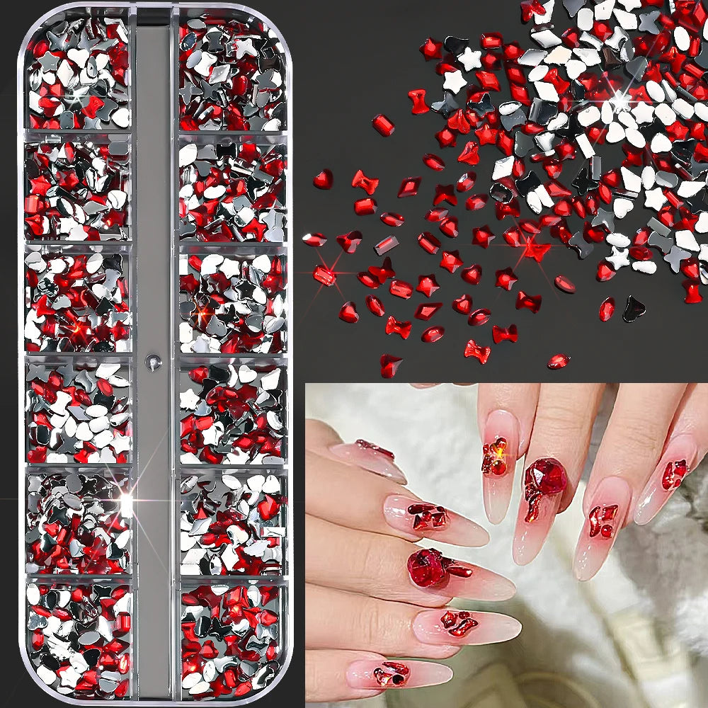 12Grids Ocean Gold Nail Art Charms Shell/Seahorse/Starfish White Half Round Pearl Gems 3D Mixed Punk Manicure Metal Rivets Studs