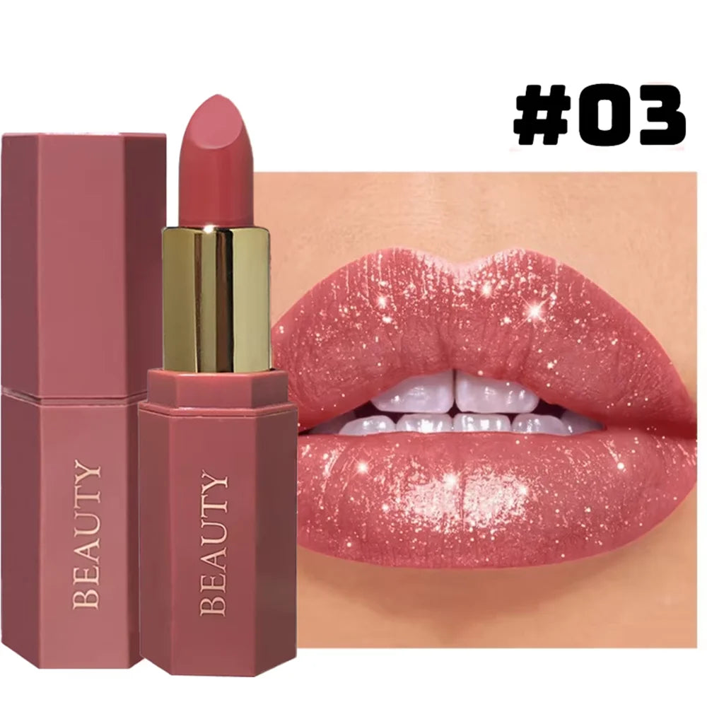 Pearlescent Pink Glitter Velvet Lipstick Metallic Waterproof Long Lasting Matte Shimmer Diamond Lipstick Women Makeup Cosmetic