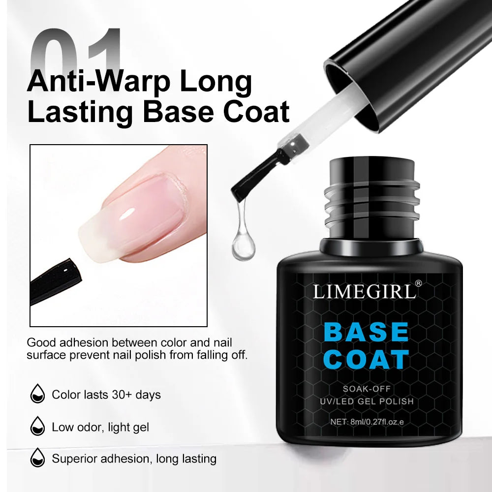 LIMEGIRL 8ml Soak Off Matte Top Base Coat for Nails UV Gel Polish Semi Permanent Functional Manicure Top Base Coat Varnish