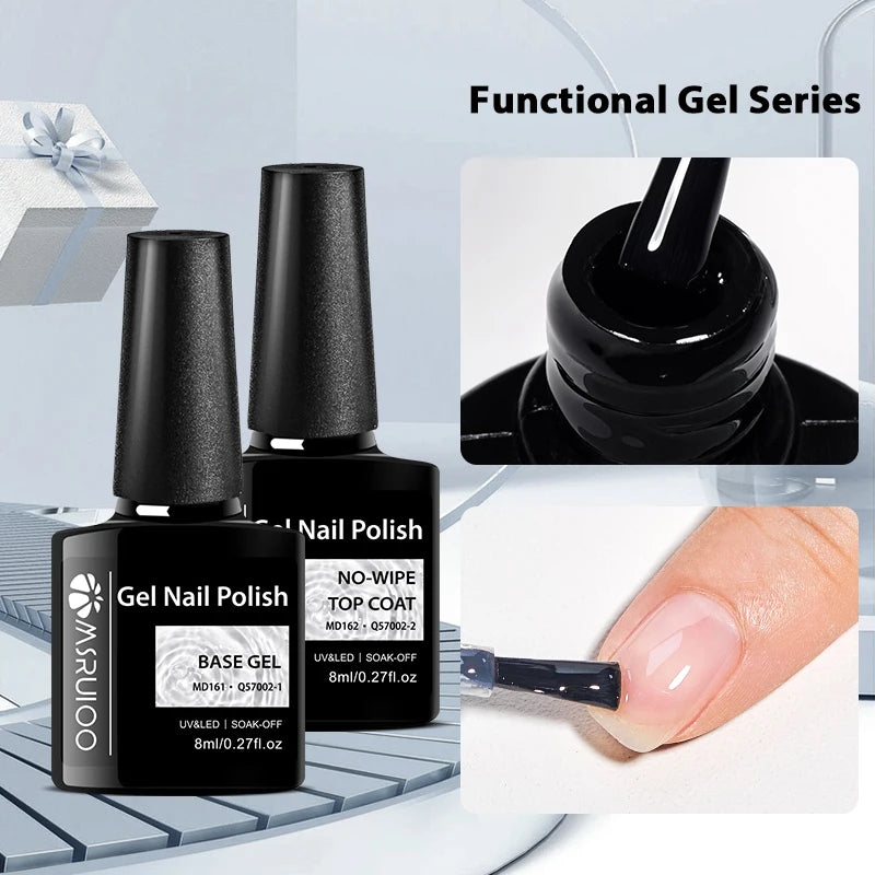 MSRUIOO 8ml Base Top Coat Gel Polish Semi Permanent Soak Off UV Gel LED Nail Art Varnish Base Gel Top Coat Gel Varnish Manicure