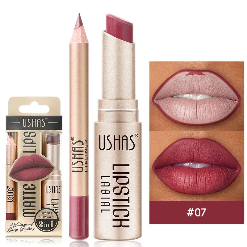 Professional 2PCS Lip Liner Lipstick Set Matte Finish High Pigment Long Lasting Waterproof Sweatproof Cosmetic Beauty Kit