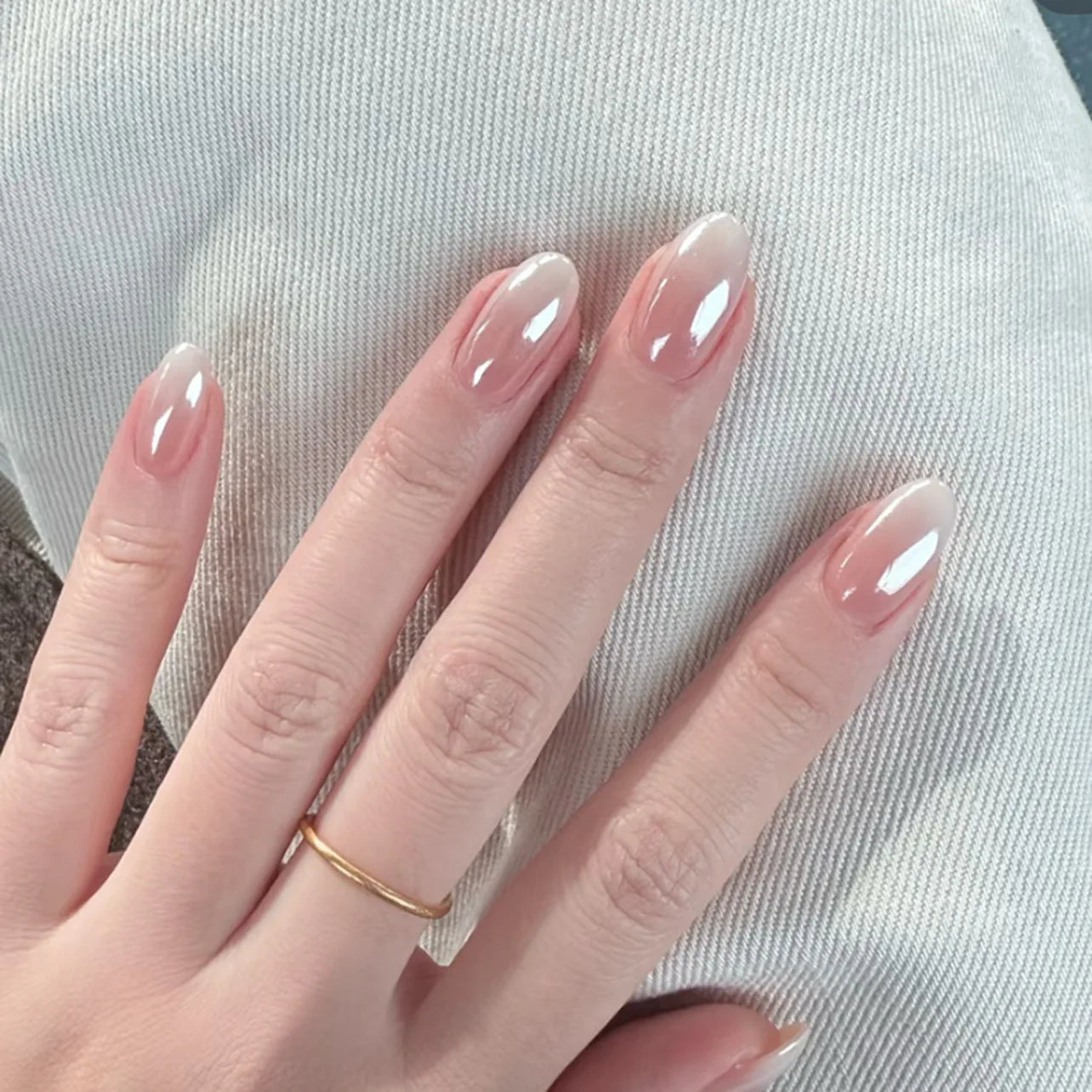 24Pcs Metallic Cat Eye French Sheer Manicure Tip Art Textured 3D Acrylic False Nails Nude Pink Almond Medium Press on Fake Nails