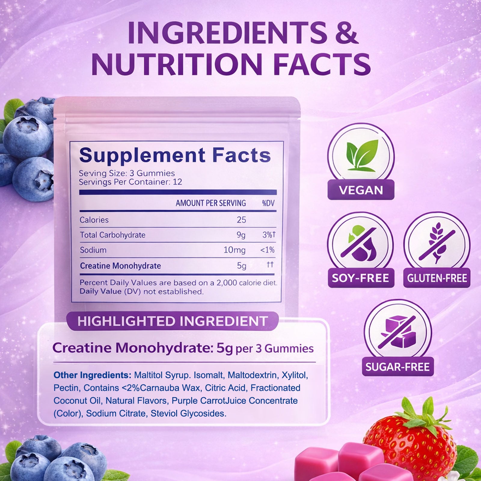 WINYEL Creatine Monohydrate Gummies, 5 Grams Per Serving, Sugar-free Creatine Gummies, Suitable For Workouts, Strength, Cognitive Health, And Muscle Support, Gluten-free, Berry-enhanced, 36 Gummies. H