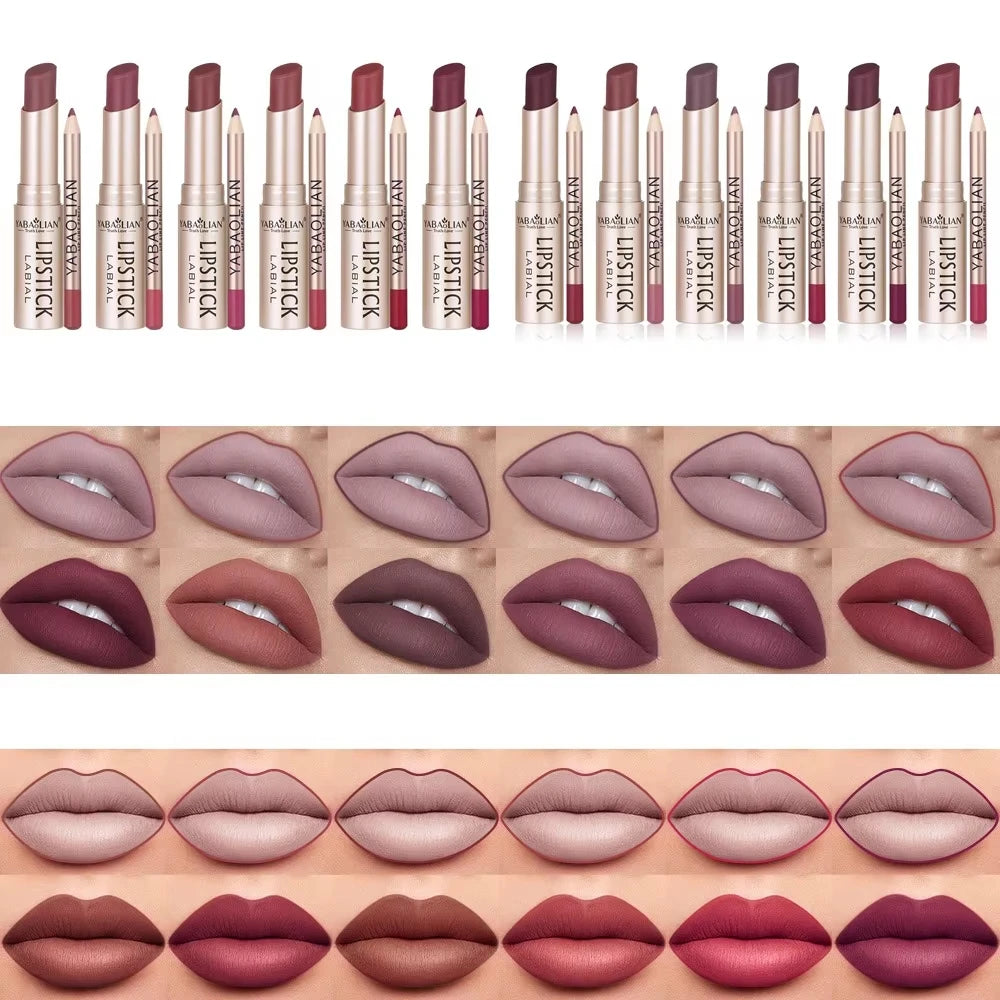 Professional 2PCS Lip Liner Lipstick Set Matte Finish High Pigment Long Lasting Waterproof Sweatproof Cosmetic Beauty Kit