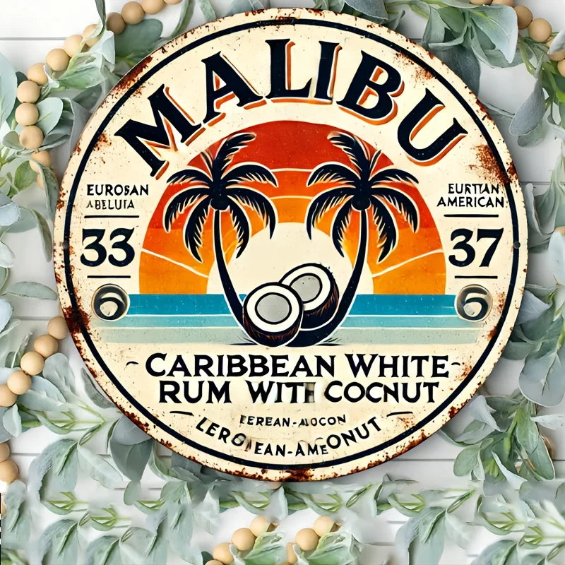 Vintage Malibu Rum Coconut Aluminum Wall Sign - Retro Tropical Decor with Palm Trees & Sunset Design, Perfect for Home, Bar