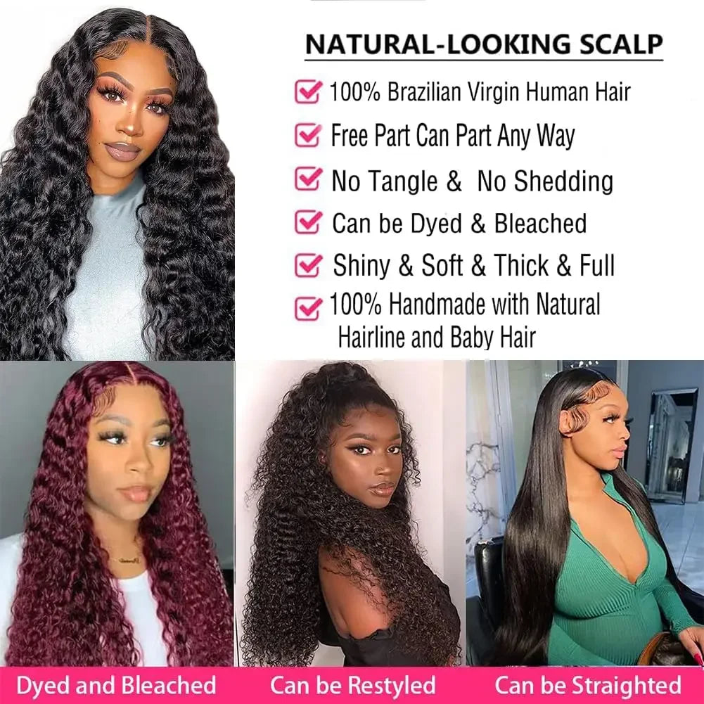 Natural Color 13x6 Full Frontal Deep Wave 360 HD Transparent Lace Long Curly 4x4 5x5 Closure Remy Human Hair Pre plucked Wigs