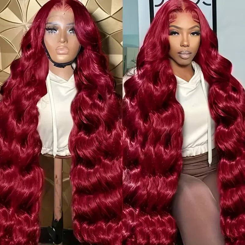 99J Burgundy Body Wave 13x4 Lace Full Front Human Hair 13x6 HD Lace Frontal Wigs 46 Inch Max-lace Red Colored Wig For Women