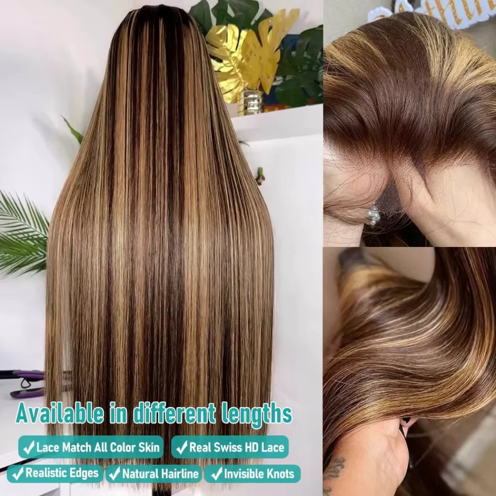 Highlight Straight P4/27 Colored Lace Front Wigs Human Hair 13x6 Brazilian Lace Front Human Hair Wigs Pre Plucked For Women 220%