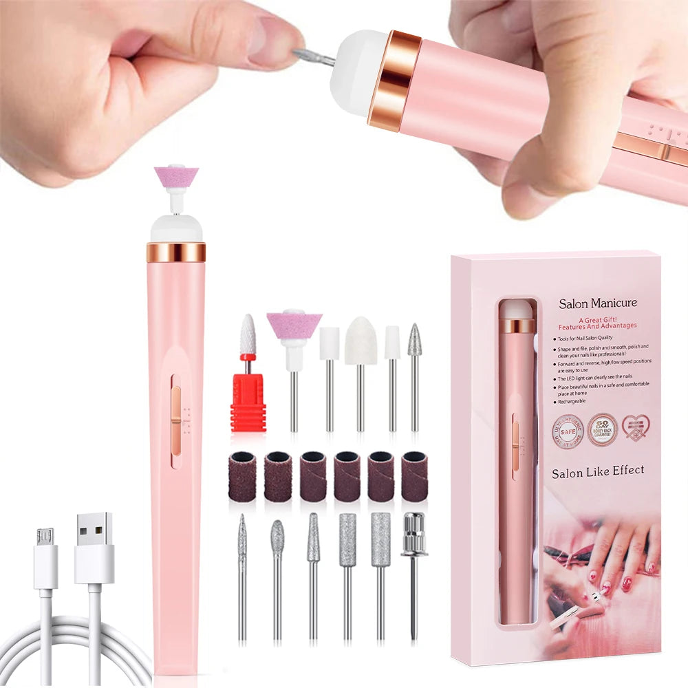 YIKOOLIN Portable Nail File Care Set LED Light Adjustable 4 Speed with 12 Attachment Drill Bits USB Charge Home Use