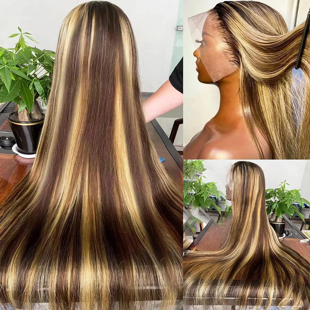 Highlight Straight P4/27 Colored Lace Front Wigs Human Hair 13x6 Brazilian Lace Front Human Hair Wigs Pre Plucked For Women 220%