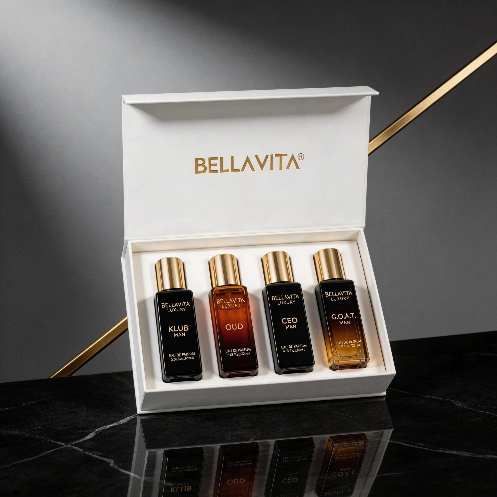 Bella Vita Portable 4x20ml Luxury Men's Perfume Set CEO KLUB OUD GOAT Long Lasting Woody Fragrance Travel Gift Kit