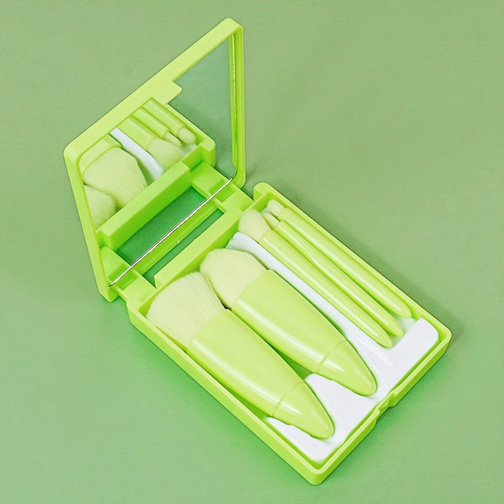 5pcs Mini Travel Size Makeup Brushes Set - Complete Function Cosmetic Brushes Kit with Storage Case And Mirror for On-the-Go App