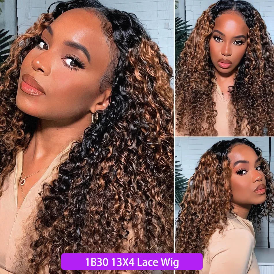 Highlight Ombre Curly Wig Human Hair Honey Blonde Brown 13X6 Hd Lace Front Wigs Deep Wave 1b30 Black Brown 13X4 Lace Frontal Wig