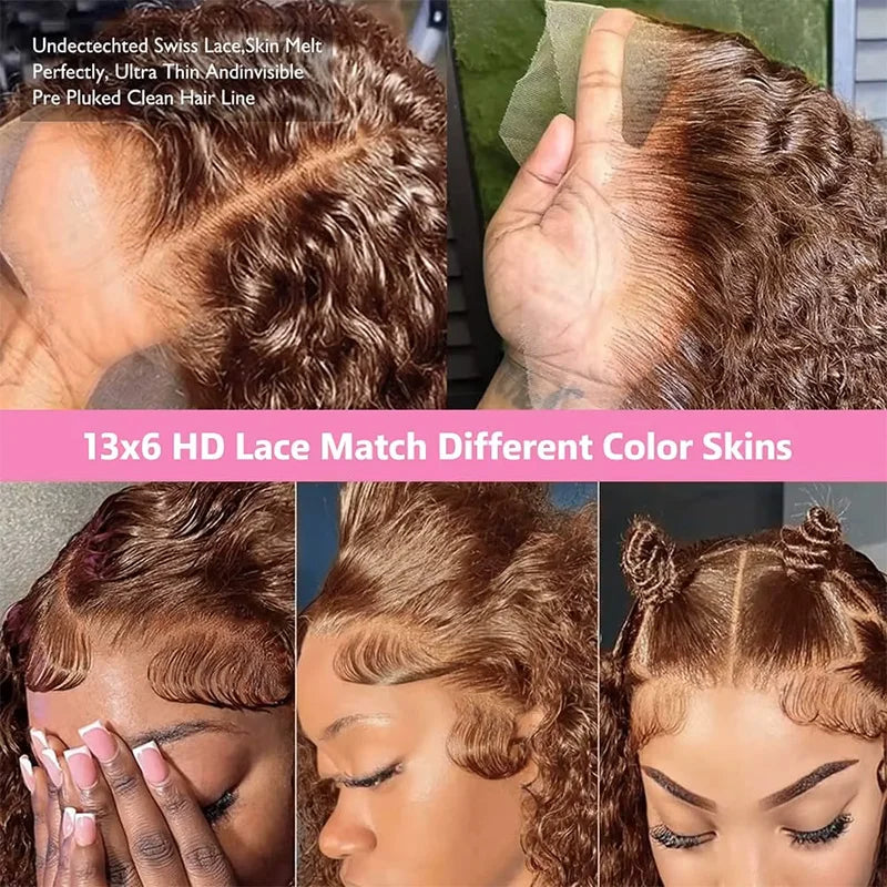Chocolate Brown 13x6 HD Lace Front Wigs Human Hair 220% Density Curly Lace Front Wigs Human Hair Deep Wave Wigs Human Hair