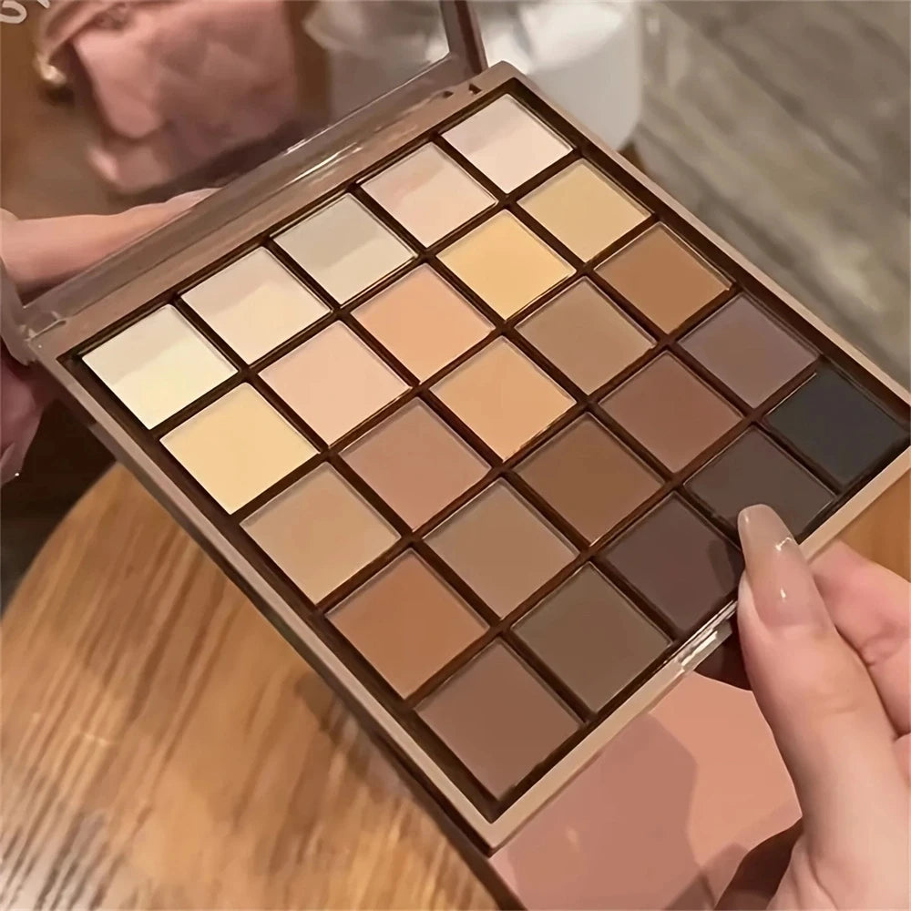 25-Color Eyeshadow Palette - Neutral Gray and Brown Earth Tones, Coffee and Chocolate-Style Shades, Creating a Versatile, Natural to Dramatic Makeup Look