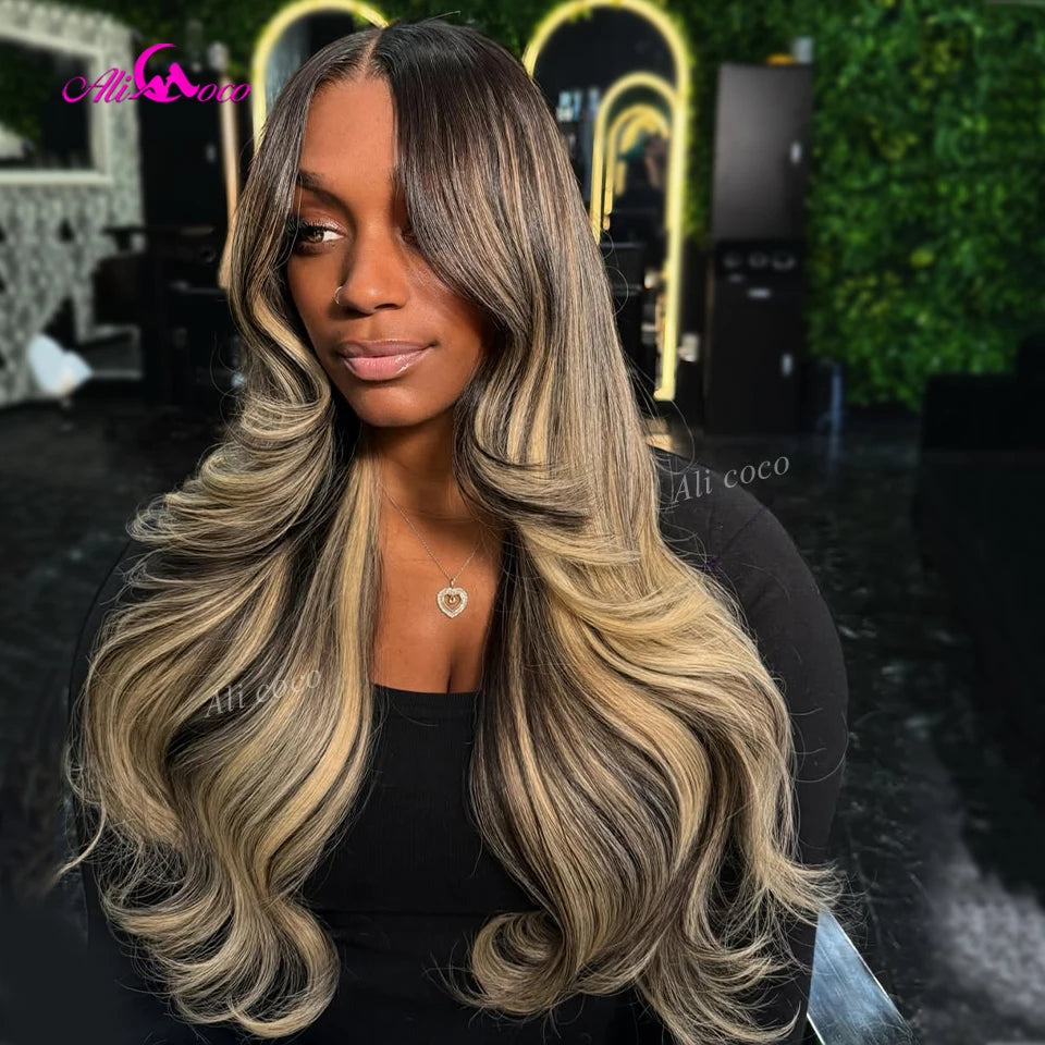 Black and Blonde Highlights 5x5 Lace Closure 180 Density Body Wave Human Hair Wig 13x6 Lace Front Wigs Pre Plucked for Women