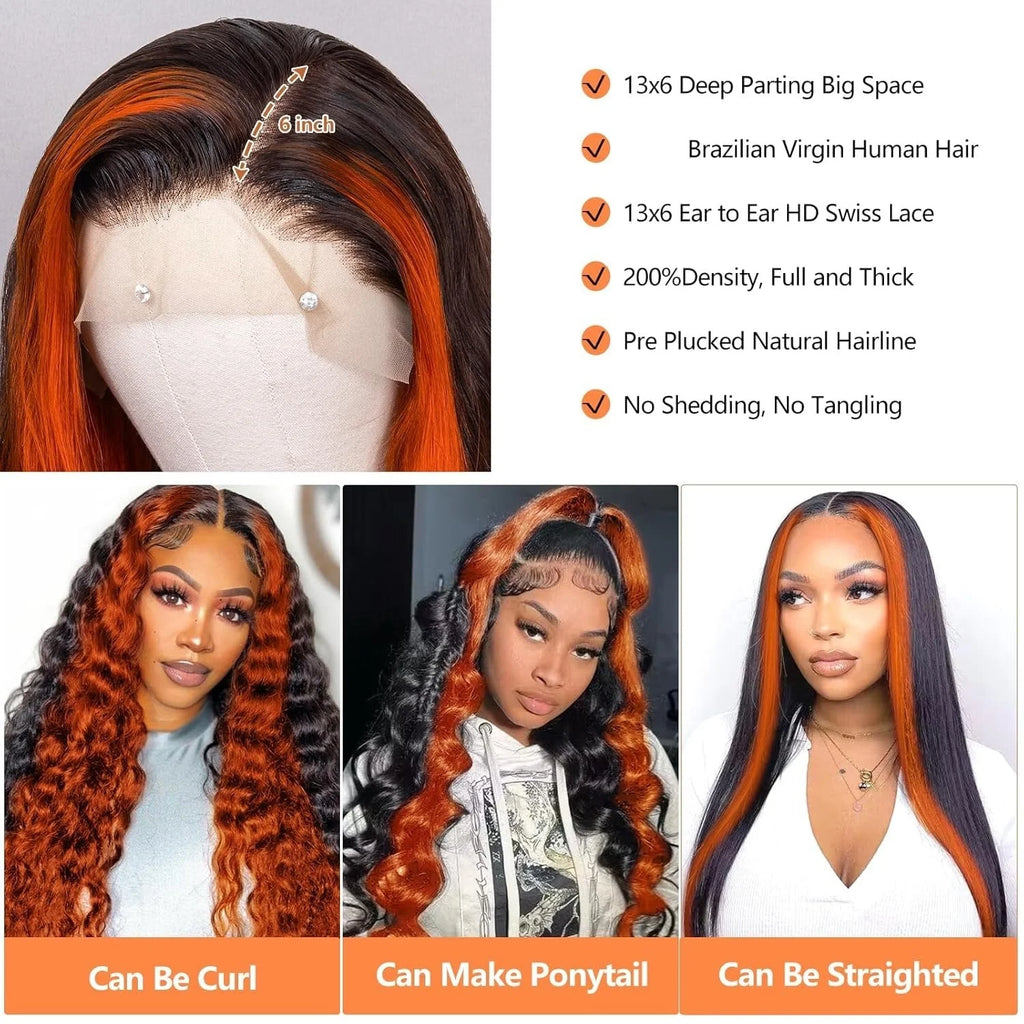 210% Density Ginger Ombre 13X6 Hd Lace Front Wigs Human Hair Pre Plucked for Women Brazilian 13X4 Ginger Orange Lace Front Wig