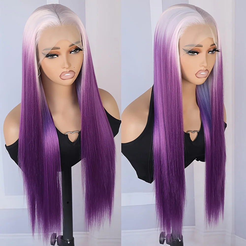 13x4 Ombre Purple Color Synthetic Lace Front Wigs Pre Plucked Natural Hairline White Roots Heat Resistant Fiber for Women Party