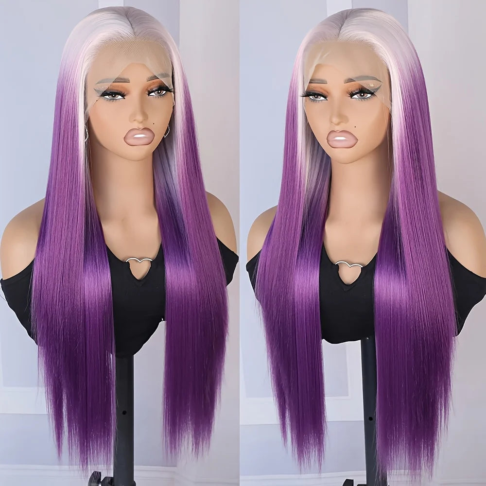 13x4 Ombre Purple Color Synthetic Lace Front Wigs Pre Plucked Natural Hairline White Roots Heat Resistant Fiber for Women Party