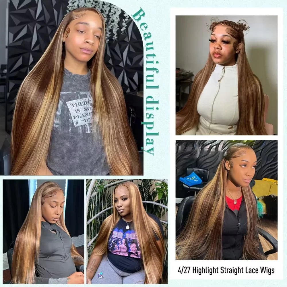 Highlight Straight P4/27 Colored Lace Front Wigs Human Hair 13x6 Brazilian Lace Front Human Hair Wigs Pre Plucked For Women 220%