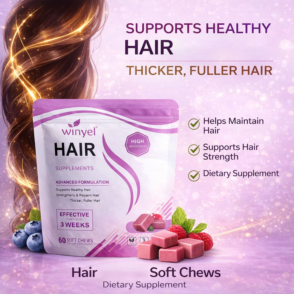 WINYEL Hair Growth Soft Chewables, Containing Hair Growth Vitamins For Men And Women, Biotin, To Help Create Thicker, Fuller, And Stronger Hair, Mixed Berries, 60 Soft Chewables.