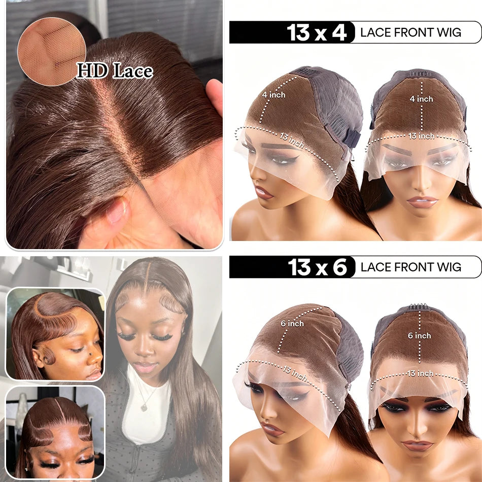 HD Chocolate Brown 13x4 Straight Lace Front Wig Brazilian 13x6 Full Lace Frontal Wigs For Women Remy Human Hair Wig Pre Plucked