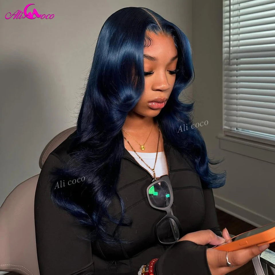 Dark Blue Body Wave Human Hair Wig Transparent 13x6 Lace Frontal Dark Blue Color Pre Plucked 13x4 Lace Frontal Wig for Women